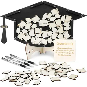 Graduation Guest Book Alternative Class of 2025 Wooden Frame Book with 50 Wood Chips 3 Pens 1 Sign Graduate Party Favor for Guest Ceremony Decoration(Black)