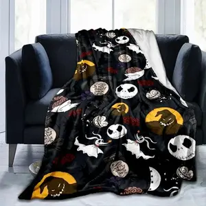 Halloween Pumpkin&horror Ghost Printed Blanket, Fashionable Warm Flannel Blanket, Sofa Bed Cover Blanket, Halloween Gift Horror