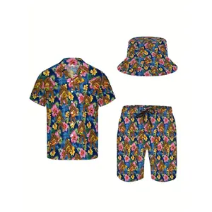 3-piece men's Hawaiian shirt and shorts set, featuring gorilla, bigfoot monster, and tropical plant designs, made of soft, breathable fabric, button-up short-sleeve casual beach shirt set with fisherman hat