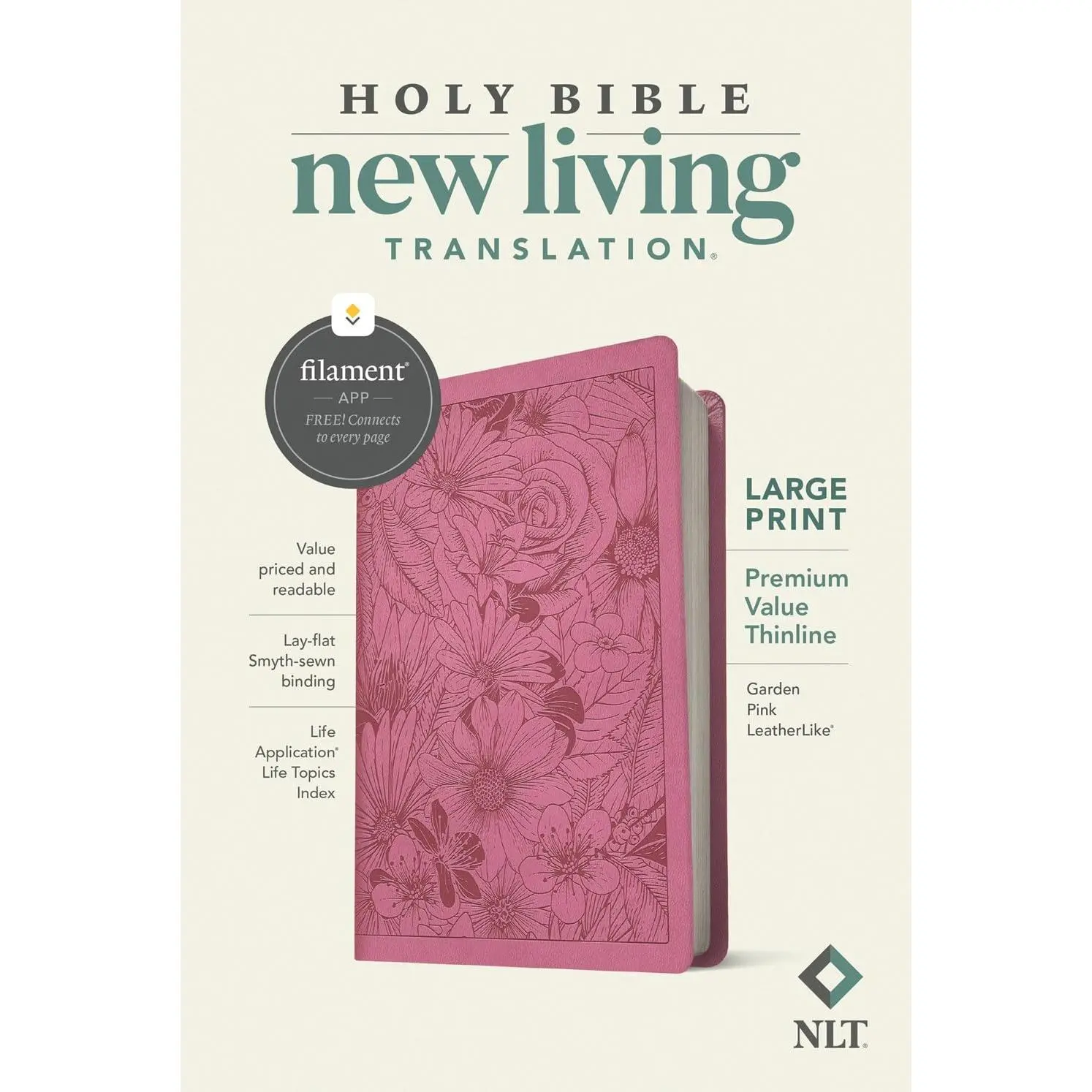 NLT Large Print Premium Value Thinline Bible - Filament-Enabled, LeatherLike Cover, Garden Pink, Budget-Friendly, Suitable for Adults, Every Page Included (Religion Book, Humanities & Social Sciences)