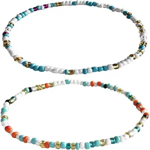 Boho Beads Anklets Set of 2 count,  Beach Adjustable Stretch Imitation Turquoise White  Bracelets for Women,   Gifts