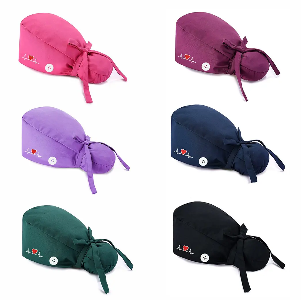 6 Pack Adjustable Scrub Caps For Women Working Caps with Button & Sweatband Ponytail Pouch Hats Long Hair Available in Multiple Colors Machine Washable