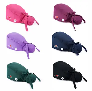 6 Pack Adjustable Scrub Caps For Women Working Caps with Button & Sweatband Ponytail Pouch Hats Long Hair Available in Multiple Colors Machine Washable