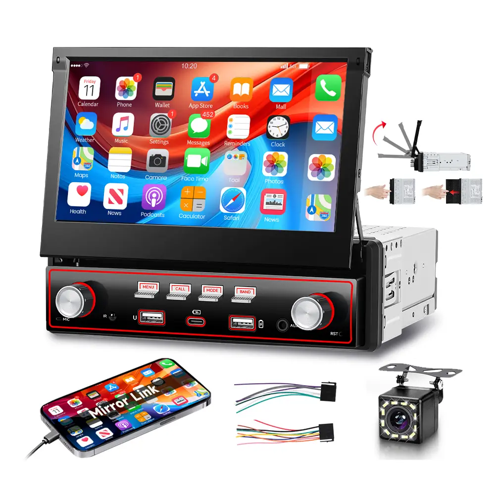 7 Inch Manual Retractable IPS Touch Screen Car MP5 Player Wired Mirror Link Bluetooth FM Color Button Light Type-C USB Car Stereo