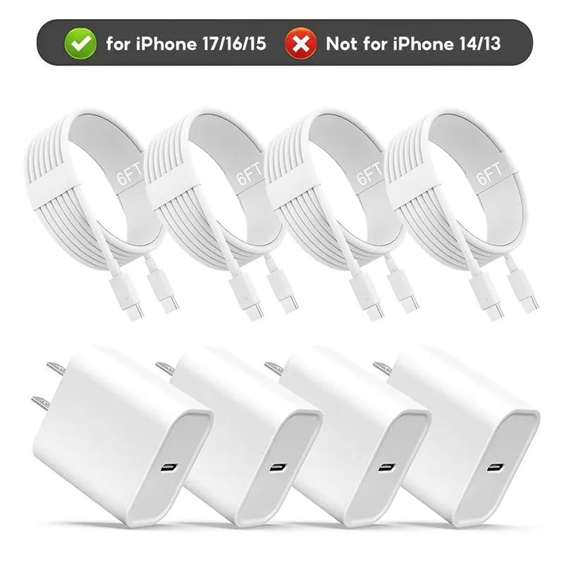 USB C Wall Charger 4-Pack, 20W PD Fast Charging Block with 4-Pack 6FT USB C to USB C Charging Cable for iPhone 15/16/17 Pro Max Plus, iPad, Samsung Galaxy, Pixel, Fast Charging Kit for Home Office Charging