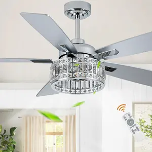 52" Luxury Crystal Chandelier Ceiling Fan with Light Remote Control, Glam Crystal Decoration, Modern Home Chrome Ceiling Fan for Any Season