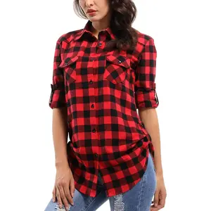 Women's Roll Up Sleeve Button Down Plaid Flannel Shirt Fall Casual TopsGift