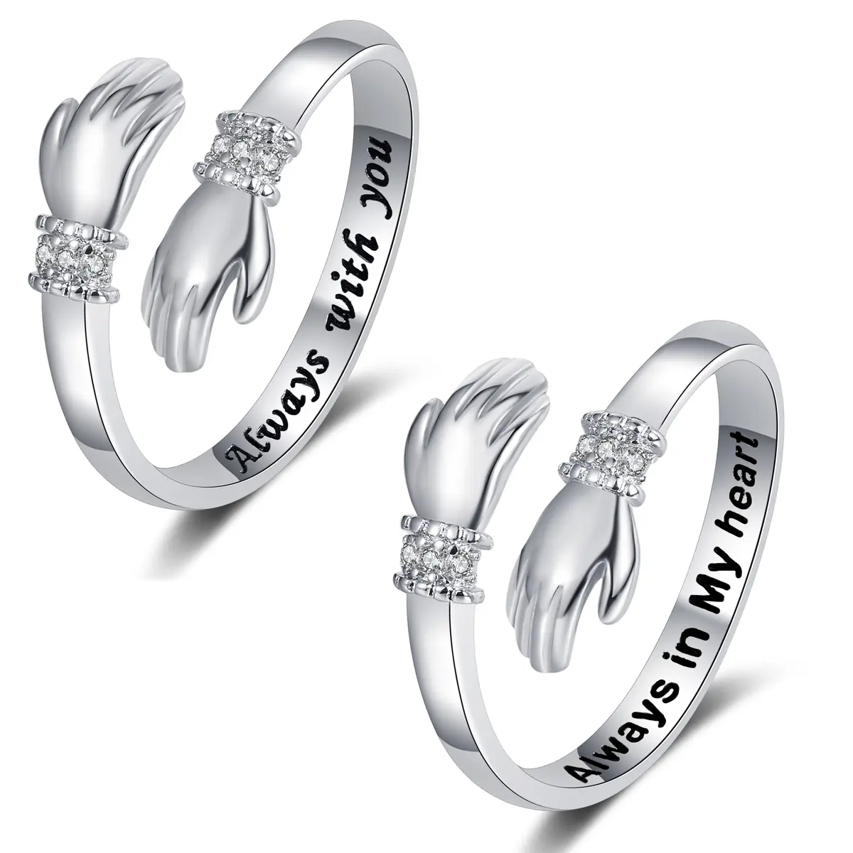 Women's 2-Piece Adjustable Engraved Silver Hug Rings - Heart Design, Dainty Silver Rings, Custom Birthstone, "Always With You"/"Always Keep Me in Your Heart" Messages, Customized Birthday Gift for Grandma/Granddaughter, Heart Design Ring