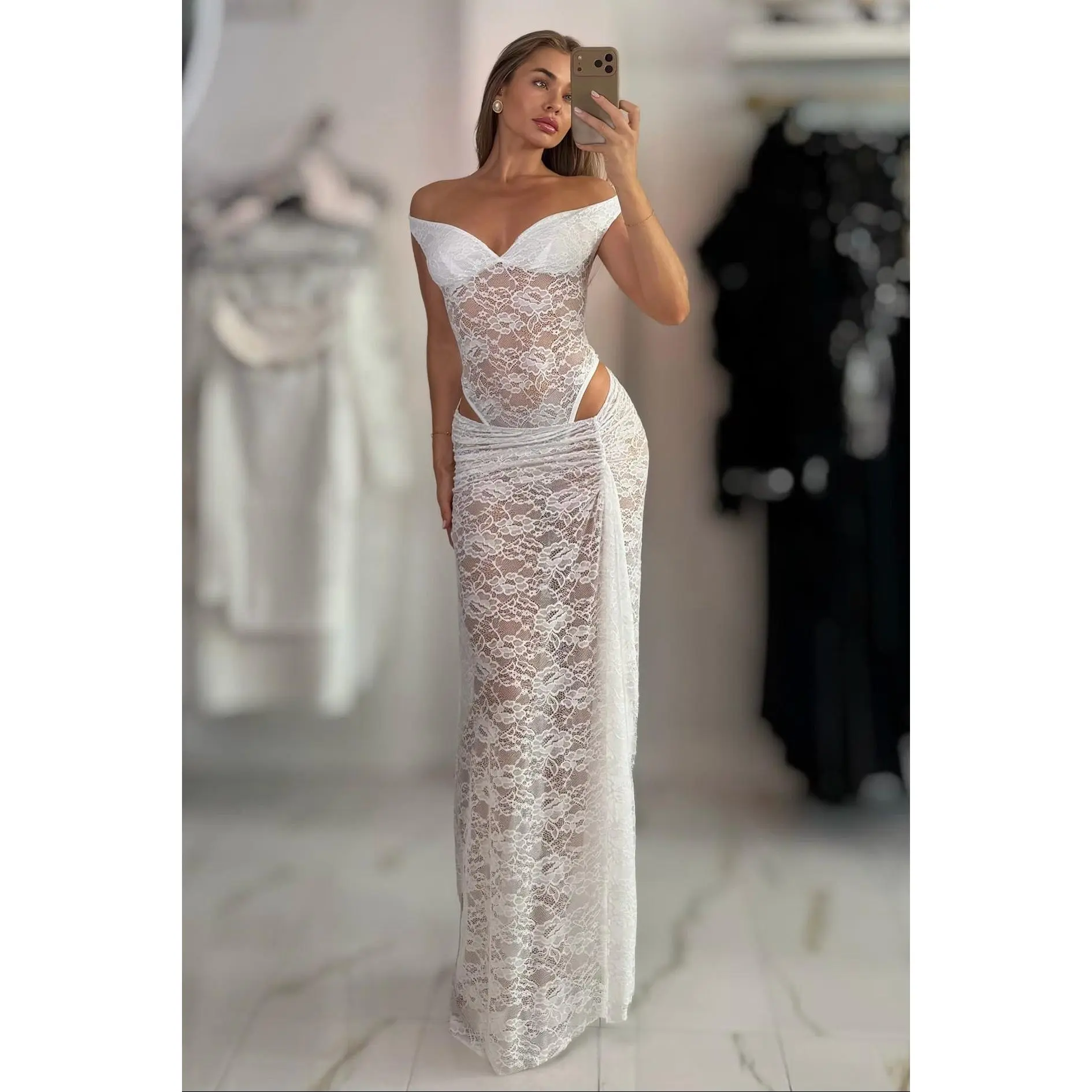 Jessica Bara Seyara Lace Off The Shoulder Bodysuit and Maxi Skirt Two Piece Set