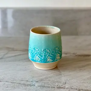 Floral Relief Carved Cup, Translucent Blue Glaze