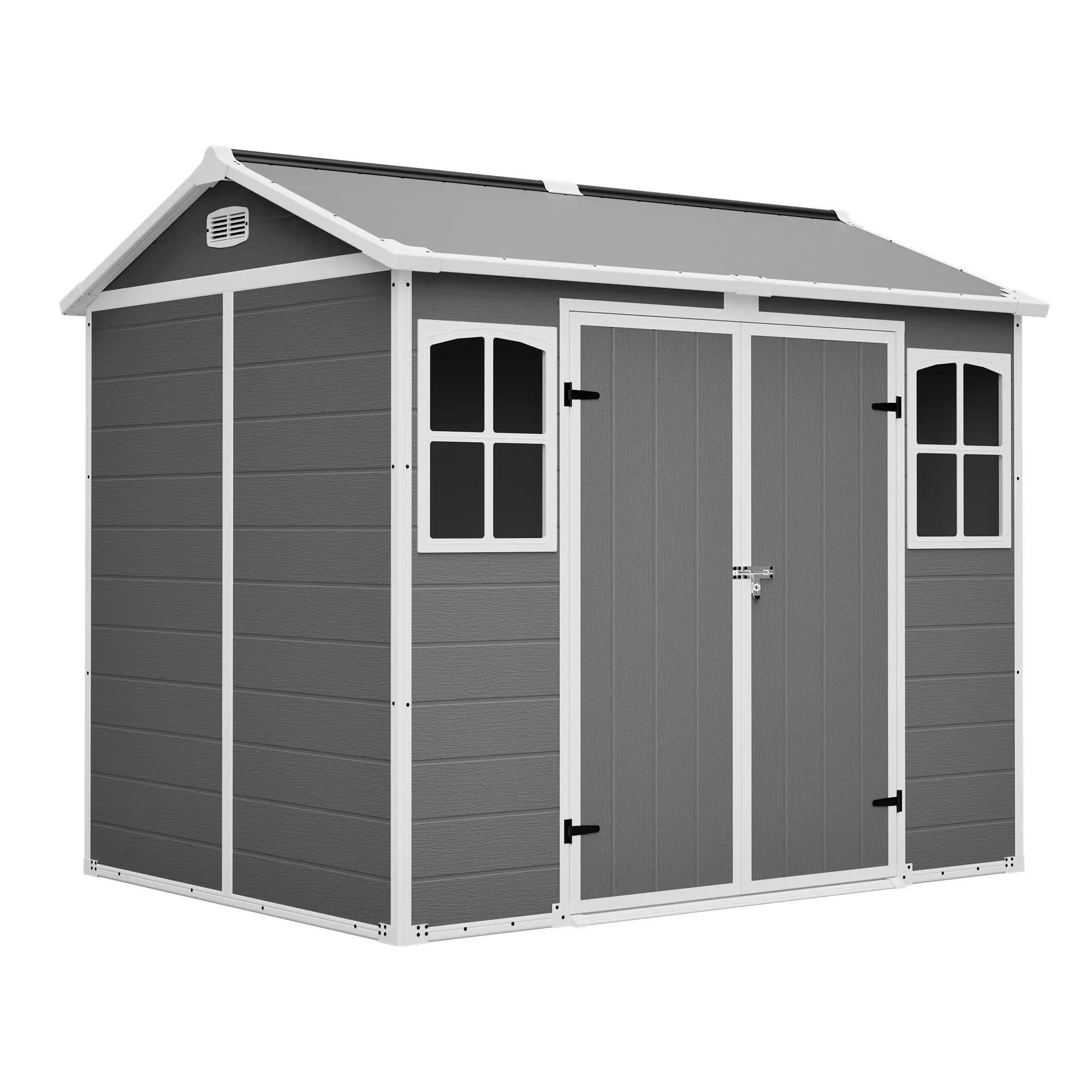 8x6 ft Plastic Utility Shed with Floor – Lockable Outdoor Storage for Garden Tools & Trash Bins, All-Weather Organizer in Gray-White