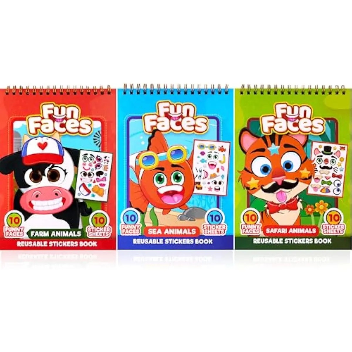 Make-a-Face Reusable Sticker Books 3-Pack (Safari, Farm, Sea Animals) - Travel Toys Activity Pad for Kids Ages 4-8(30 Scenes)