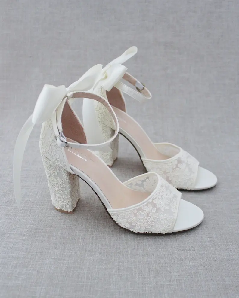 White & Ivory Crochet Lace Block Heel Sandals with Satin Back Bow - Women's Wedding Shoes, Bridesmaids Shoes, Bridal Shoes, Bridal Heels, Size 5-11