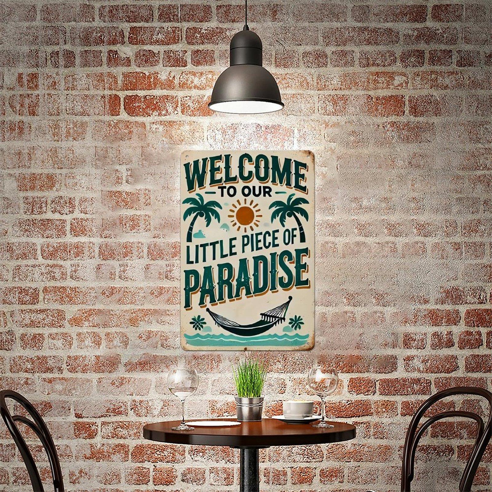 Welcome to Our Little Piece of Paradise Metal Sign, 8x12 Inch Vintage Tropical Beach Aluminum Tin Sign, Rustic Palm Tree Summer Welcome Wall Art Decor with Pre-drilled Holes for Beach House Pool Porch Patio Home Decor