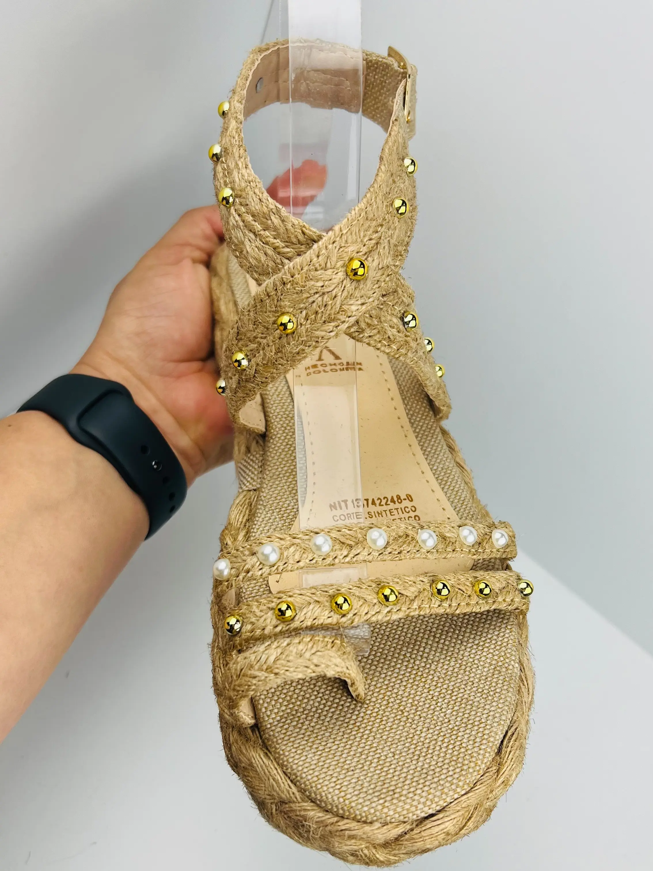 alessia Sandalia Colombiana in Yute 2 Inches High Handcrafted with Pearl Accents & Gold Chain Adjustable Ankle Strap for Stylish Comfort
