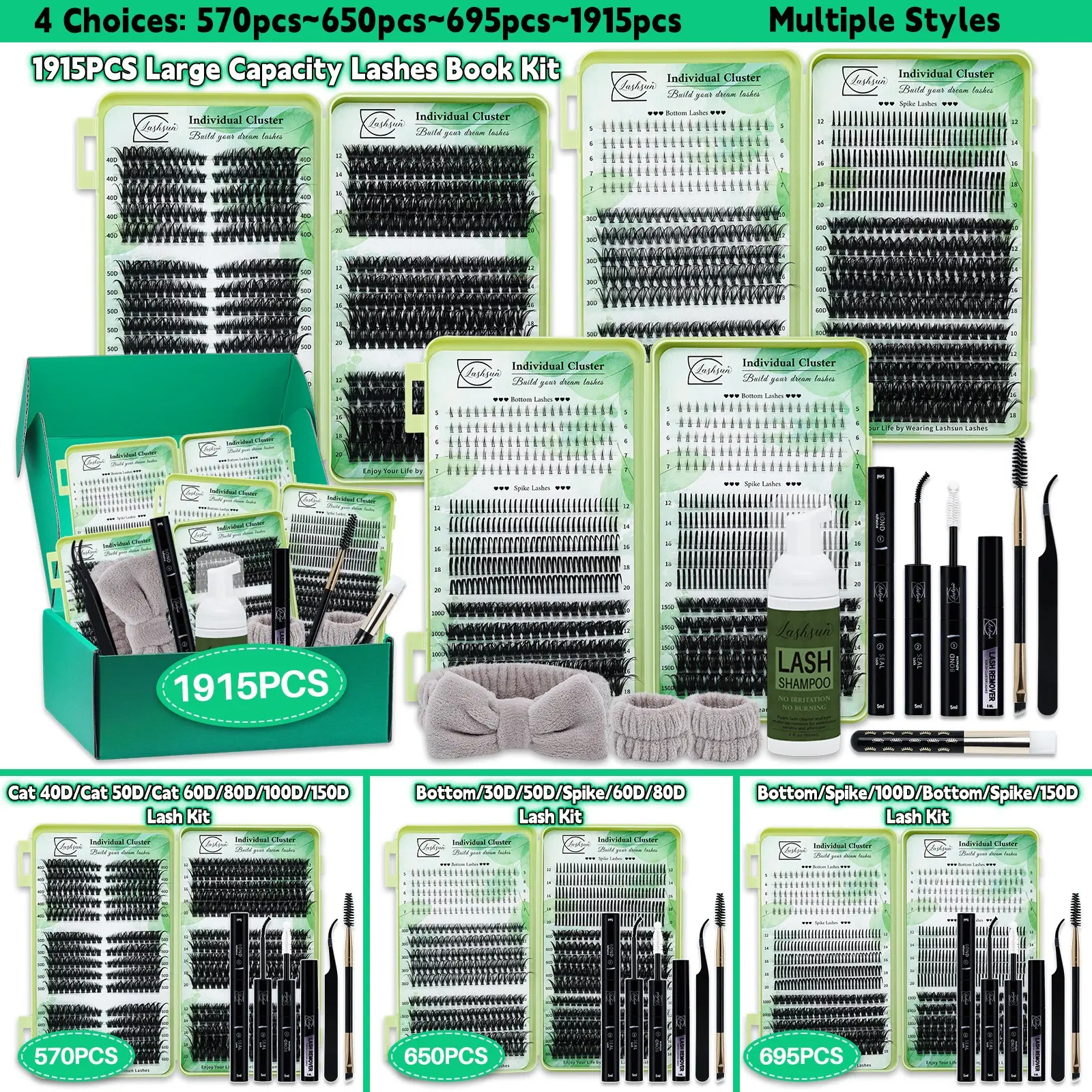 Lashsun Lash Clusters Set, Eyelash Extension Set, Diy Eyelash Extensions, D Curl 11 Styles Cat/Volume/Spikes/Bottom Lashes with Accessories Bond&Seal, Lash Remover, Brush, Applicator, Shampoo&Brush, DIY at Home