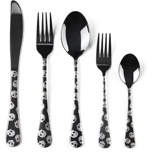 Black Silverware Set,Tableware Cutlery Set Service for 4,Knives and Forks and Spoons Sets with Skull Pattern Handle,20-Piece Stainless Steel Flatware Set,Mirror Polished,Utensils for Kitchens