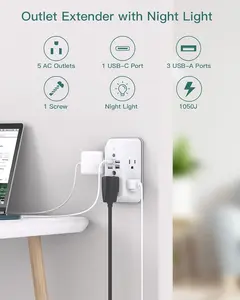 Surge Protector with Night Light 5-Outlet Splitter 4 USB Ports 1 USB-C Multi Plug Wall Outlet for Home Office Dorm Room Essentials 1050J Protection