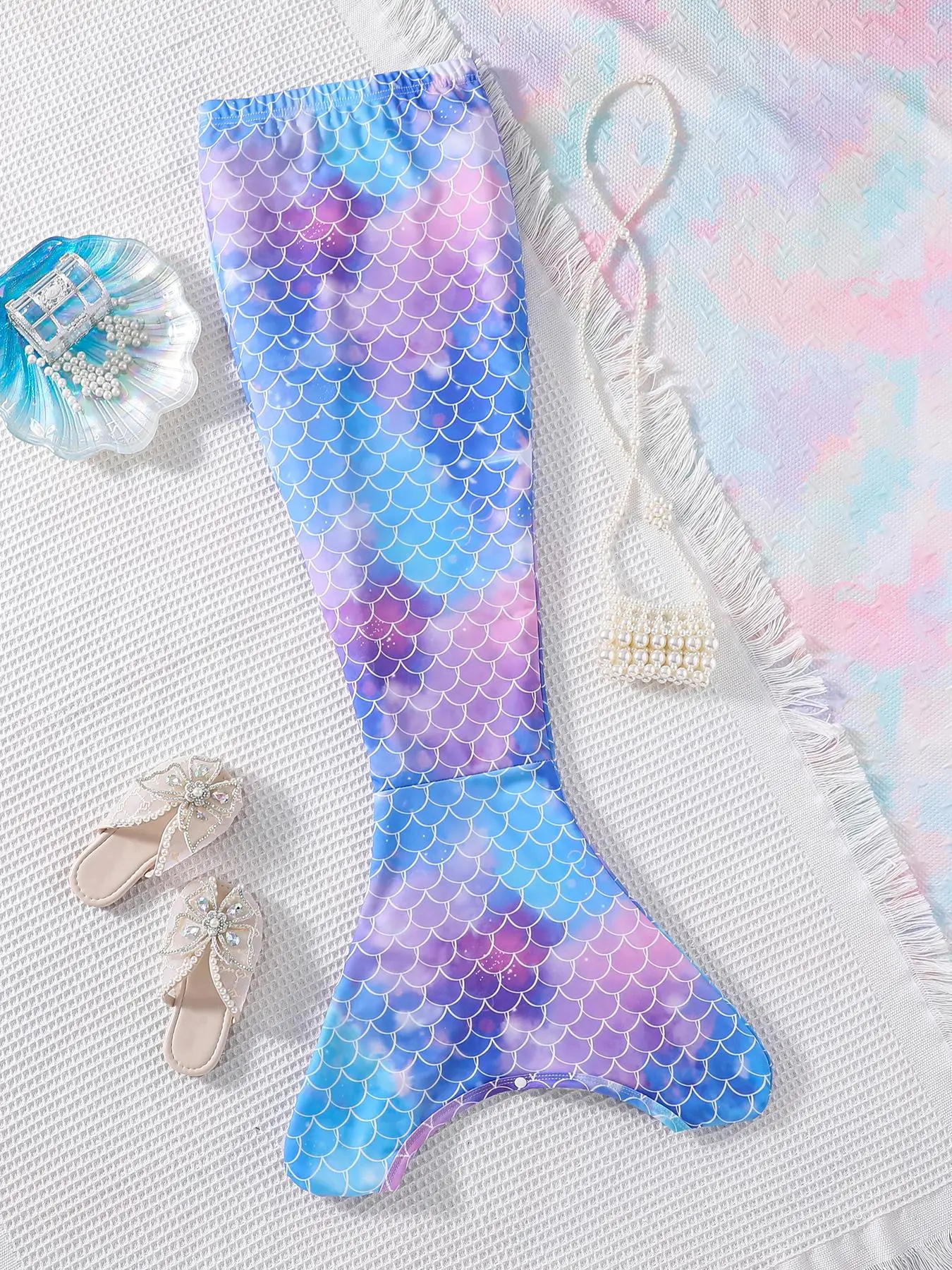 Girl's Fish Scale Print Mermaid Tail Costume, Cute Elastic Waist Party Accessory, Kids Costume for All Seasons, Party Costume Accessory, Costume for Parties, Dress Up Costume