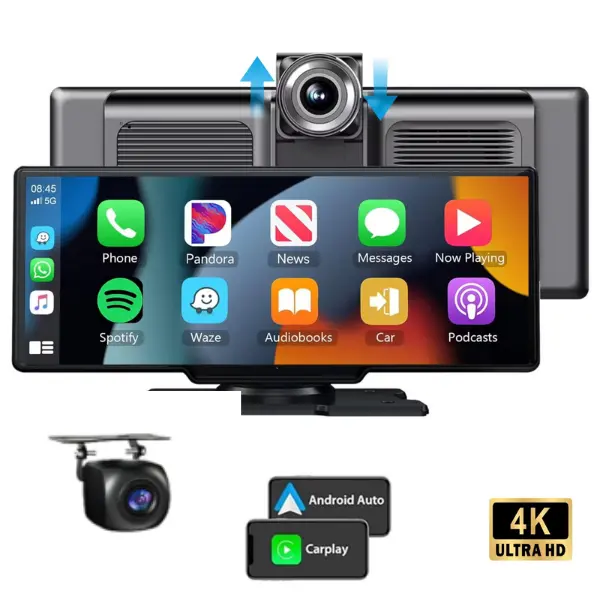 10.26" Wireless CarPlay Screen for Car with 4K Dash Cam & 1080P Backup Camera | Portable Touchscreen Car Stereo with Apple CarPlay, Android Auto, GPS Navigation, AirPlay & Mirror Link for All Vehicles Car Video Player Car Tv Stick