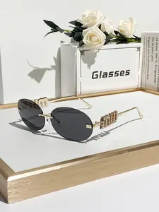 Women's Metal Vintage Oval No Frame Decorative Lens Glasses, Stylish Retro Letter Design with Rhinestones for Party, Trendy Essential for Summer Festivals, Trendy Shades