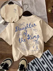 Women's Loose Casual Streetwear Bowknot Letter Slogan Print Short Sleeve T-Shirt, Daily Outdoor Comfortable Fashion, Relaxed Fit, Everyday