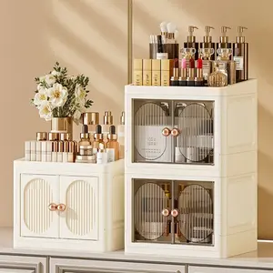 Large Capacity White Gold Makeup Organizer Box Heavy Duty Plastic Vanity Storage With Multiple Shelves Bathroom Countertop Beauty Product Display No Assembly Needed