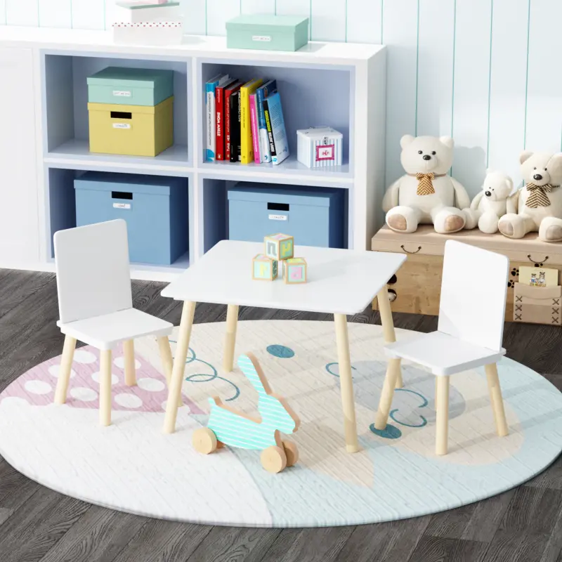 Table and 2 Chairs Set, 3 Pieces Toddler Table and Chair Set, Wooden Activity Play Table Set (White),Preschool/Children's Desk and Chair Set, Preschool Dining/Learning/Playing/Drawing/Eating/Game Set,Safe, sturdy, comfortable, and stable