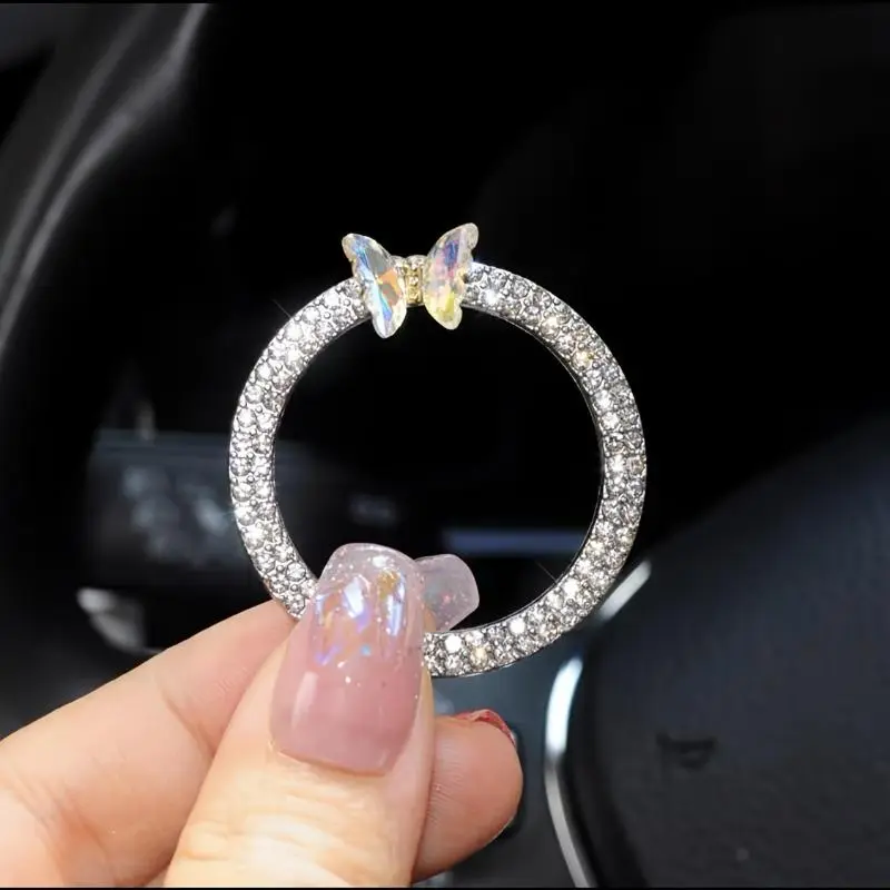 1Pc one-click start protective sticker for cars, car logo inlaid with diamonds Symphony bow ignition ring, decorative ring, diamond ignition switch decorative diamond ring, Car Interior Decor