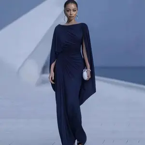 Black Boat Neck Maxi Dress for Women – Pleated Slim Fit Formal Dress with Ruched Details & Asymmetric Hemline