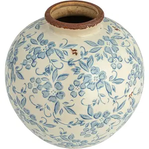 Df h terracotta floral transferware pattern crackle finish vase blue