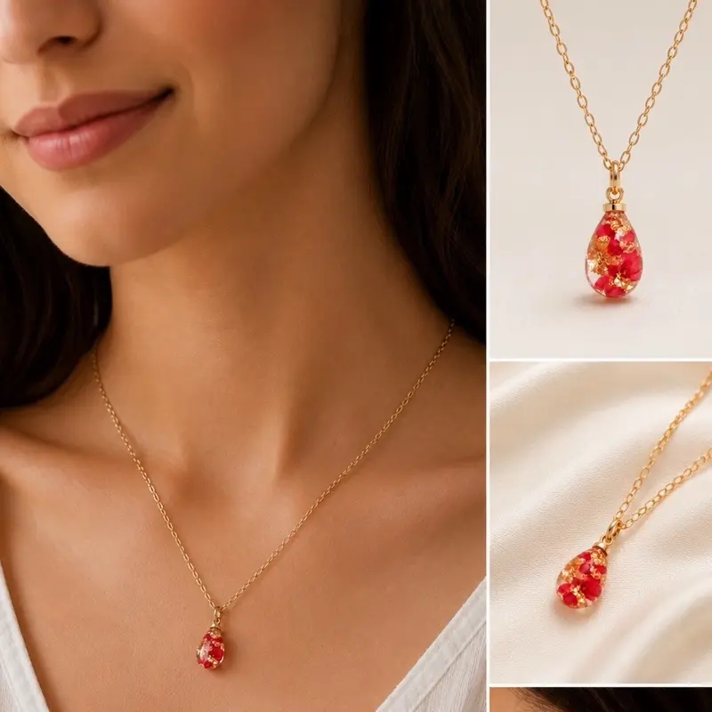 Handmade Real Dried Flower Resin Necklace, Teardrop Pendant Botanical Jewelry, Gift for Her