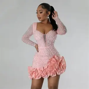 New Women Mesh Sleeve Bodycon Sexy Diamonds Birthday Party Dress Tierred Ruffles Rhinestone Pearls Night  Dress Pink Formal Black