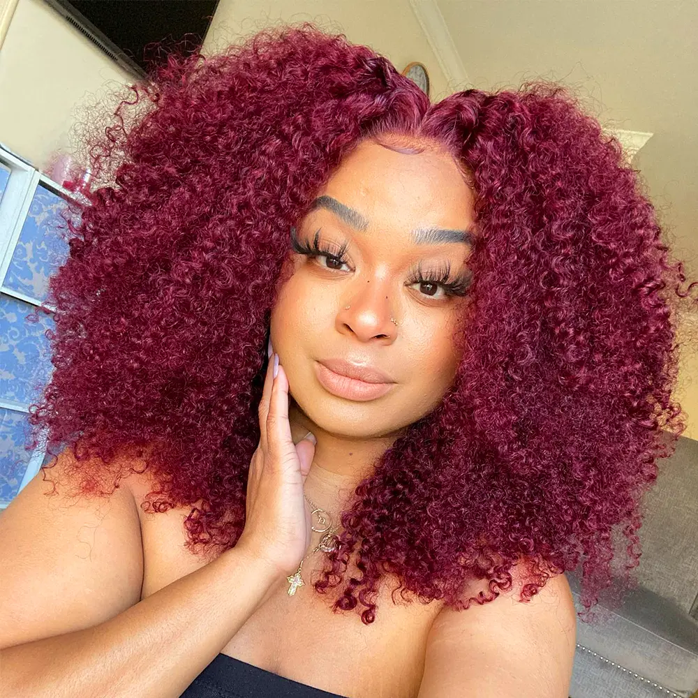 Midulla Glueless Kinky Curly Real Human Hair Wig, Burgundy Shoulder Length, 6x4 Pre-Cut Pre-Plucked Lace, Bleached Knots, Low Maintenance Ready-to-Wear for Everyday Use