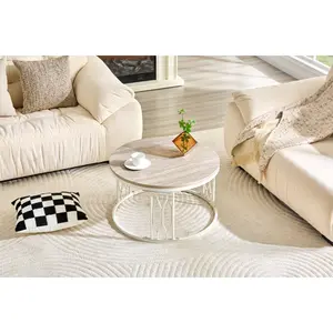 Round MDF Coffee Table with Stone-Effect Texture, 27.5-inch Diameter.Round coffee table for the living room.Wabi-sabi style round coffee table featuring sturdy metal frame legs and easy assembly.