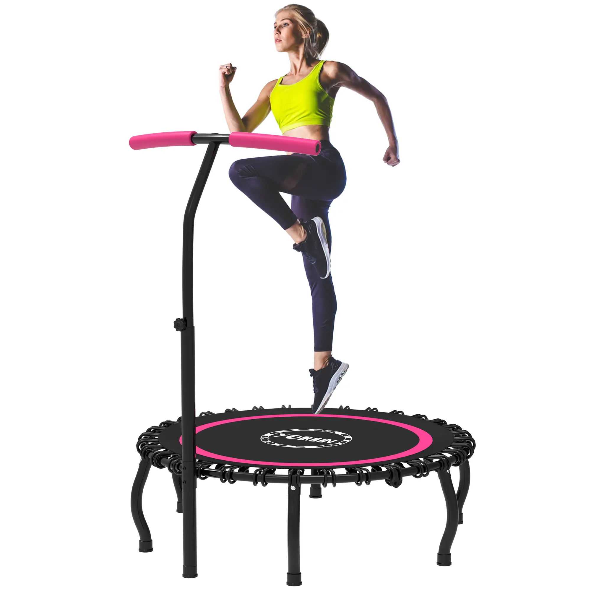 YORIN Foldable pink  Trampoline for Adults 40" 48" 50" Mini Trampoline Indoor Outdoor Small Exercise Fitness Workout Trampoline with  Adjustable Bar Newly upgraded foldable trampoline round trampoline Stable Quiet Workout Tranpoline Equipment Exercise