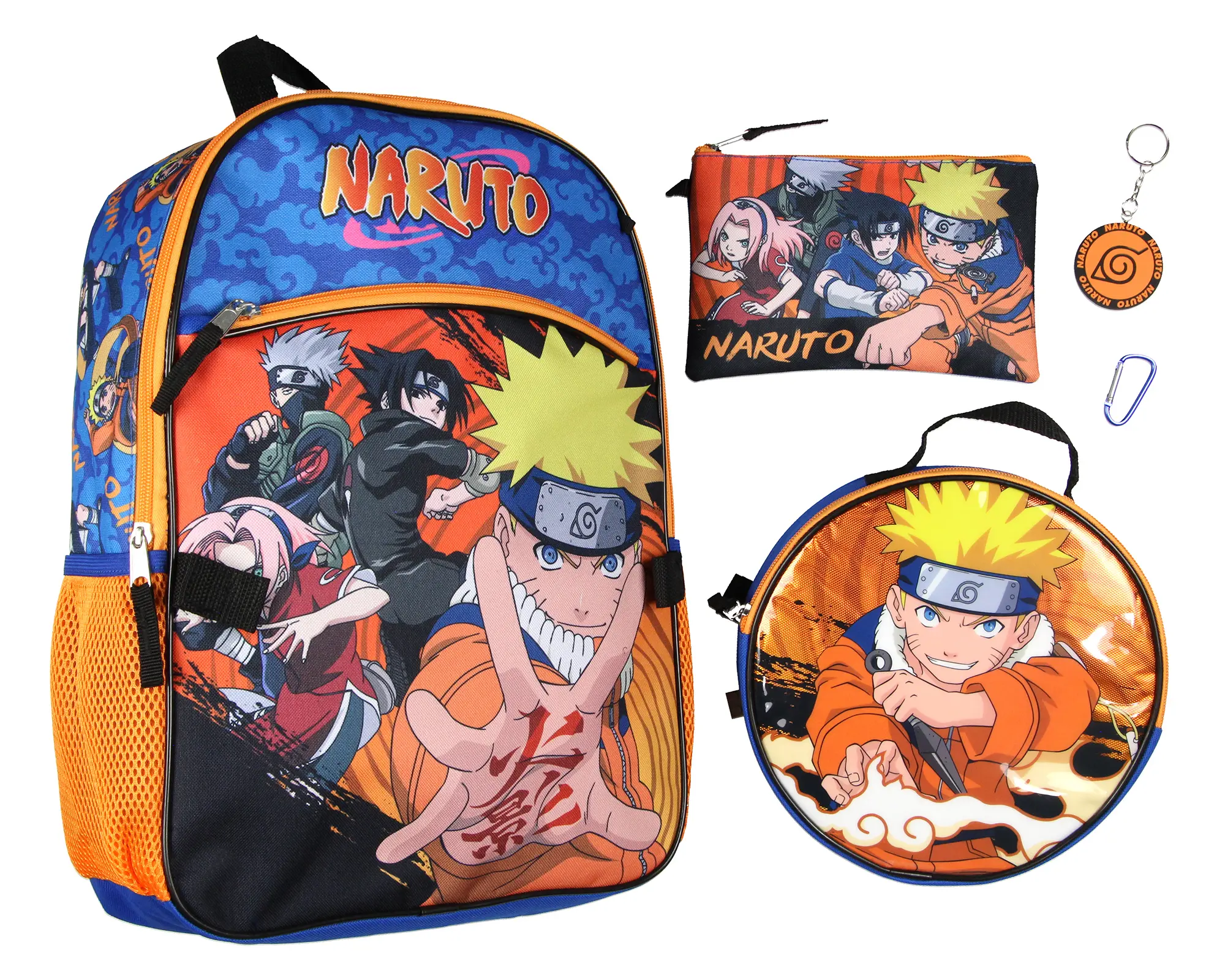 Naruto Anime Character Group 16" Youth 5-Piece Backpack Set For School Or Travel With Lunch Tote Pencil Case Rubber Keychain Zipper Pull Carabiner