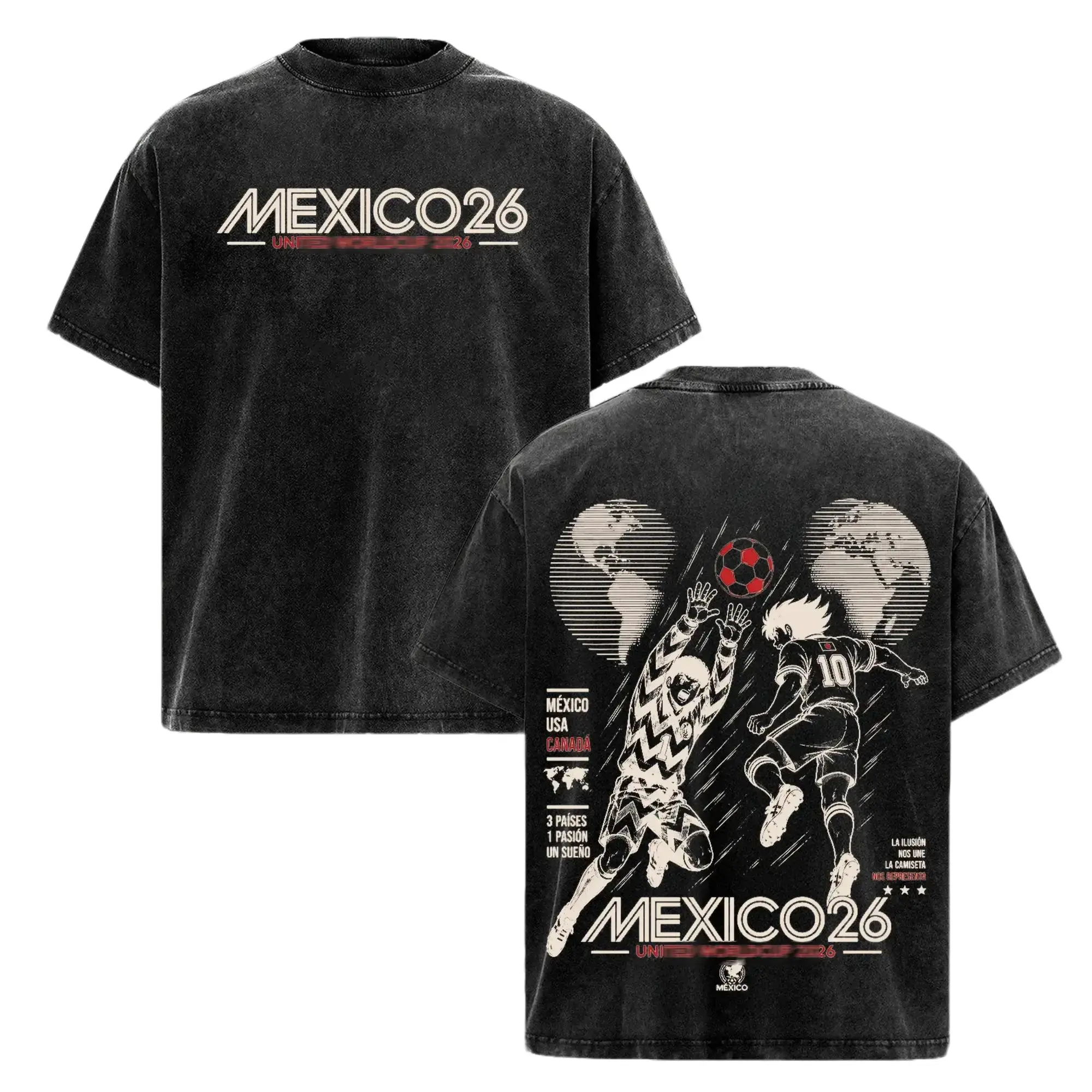 Men's 2026 Mexico World Football Tour Vintage Washed Anime Ribbed Seamless Cotton T-Shirt, Oversized Heavyweight Retro Futbol Graphic Top, Streetwear Garment for Mexico Football Fans, Sports Aesthetic Gift Apparel Menswear Fashion, Tshirt, Round Neck