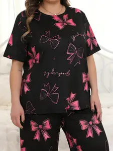 Women's Sweet Cool Bowknot Printed Plus Size Short Sleeve Seven-Quarter Pants Sleepwear Pajama Loungewear Set, Casual Loose Fit Home Two-Piece Suit, Homewear