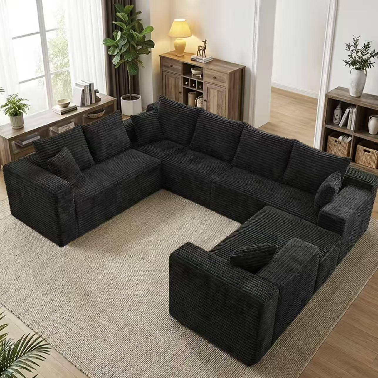137-Inch Oversized U-Shaped Modular Cloud Sofa, 8-Seater Black Boneless Sectional Couch with Chaise Lounge, No-Assembly Deep Seat Living Room Furniture, Shipped in 2 Boxes