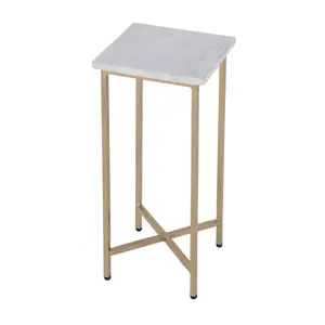360 Stand 21 in. White & Gold Distressed Marble Top Square End Table with Iron Legs, Bohemian Modern Accent Table for Indoor Furniture, Modern Accent Tables
