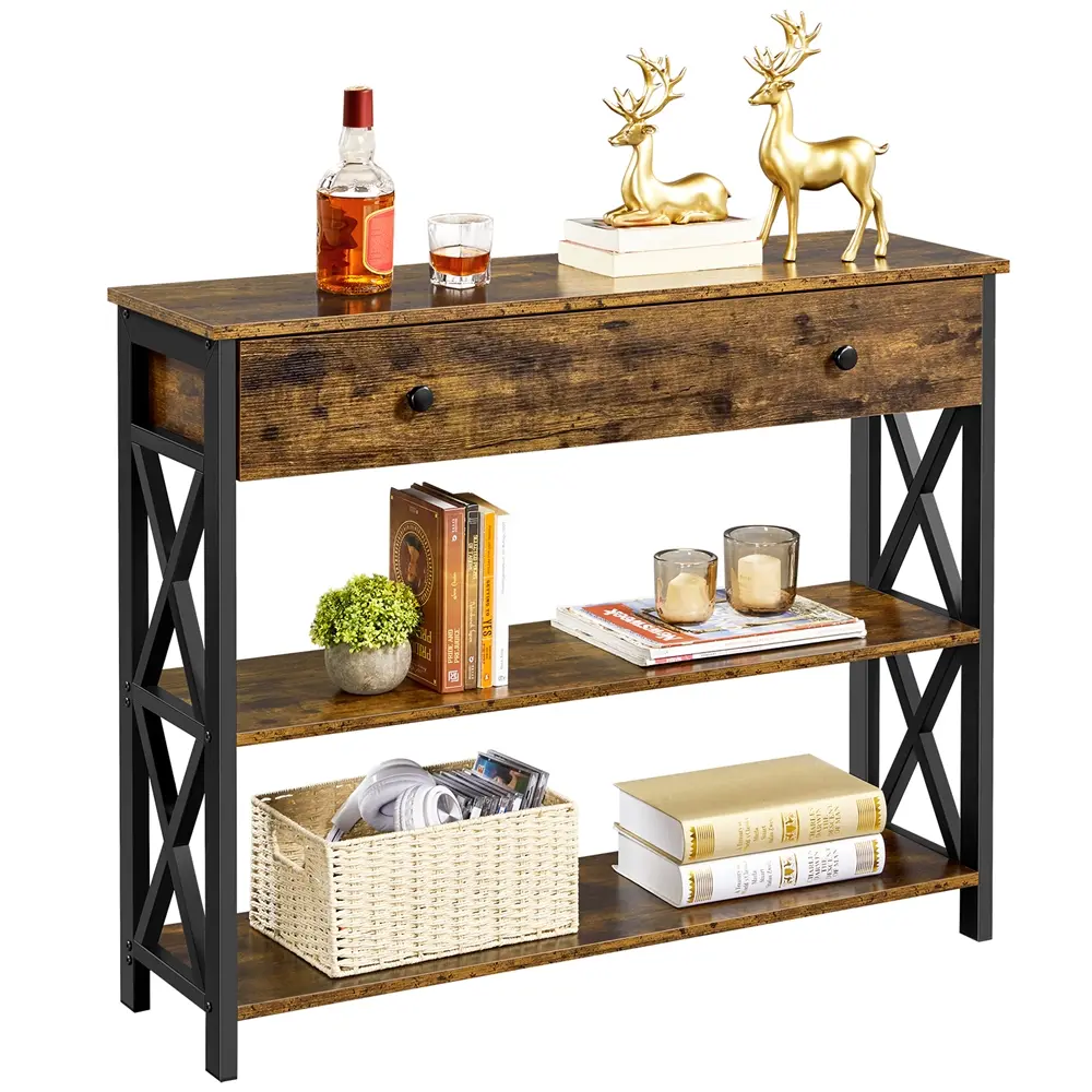 Yaheetech Vintage Wooden Console Table with 1 Drawer and 2 Open Shelves Versatile Entryway Table for Home/Commercial Purposes Coffee/Buffet Table