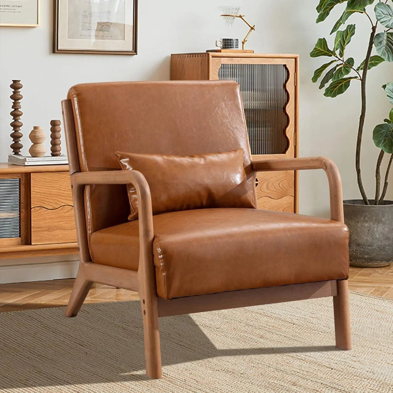 Ebello Wide Modern Design Leather Upholstered Accent Armchair with Solid Legs，Solid wood Accent Chair for Living Room Accent Chairs Leather-Orange Espresso Finish Faux Leather