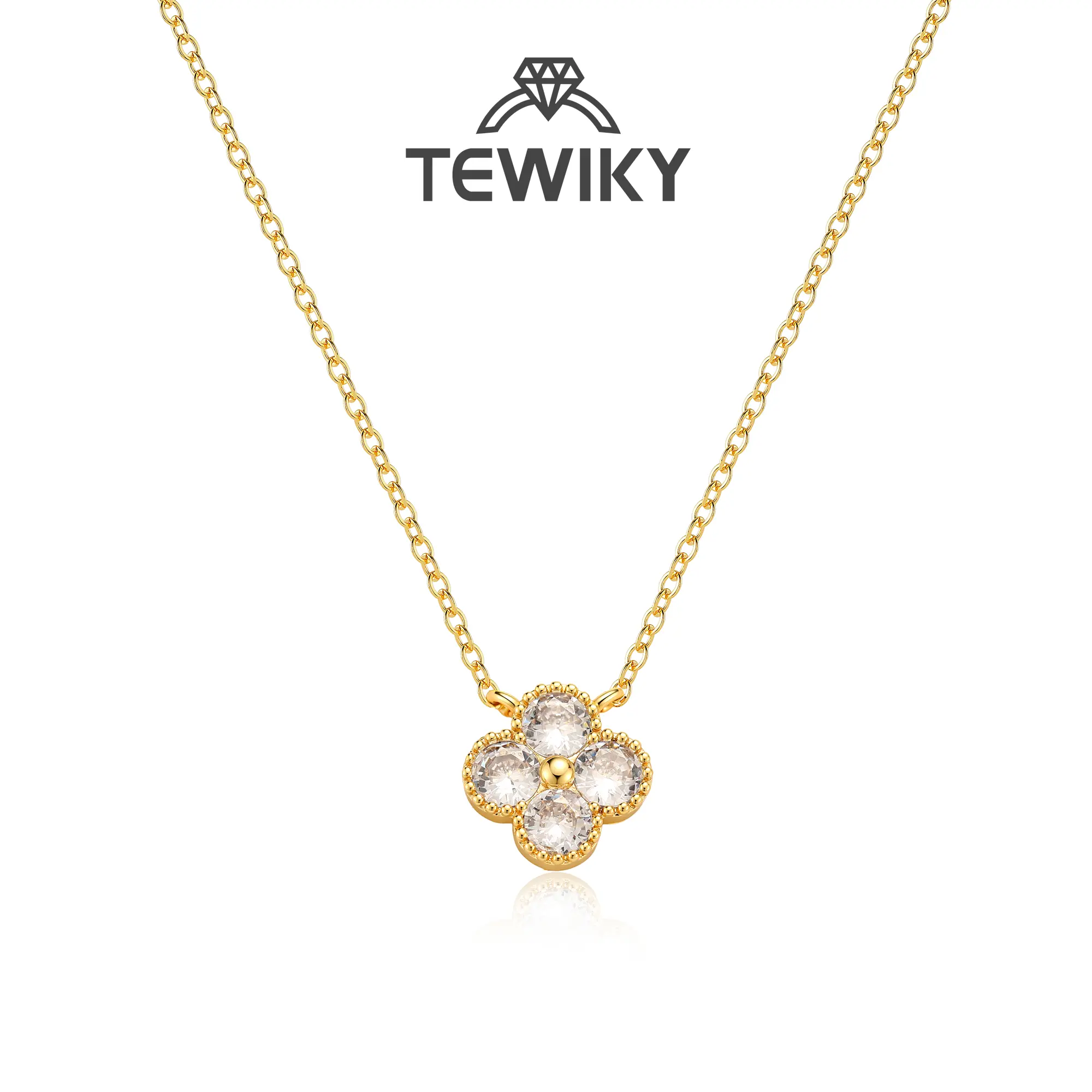 TEWIKY 14K Gold-Plated Female Necklace, 4-Leaf Clover Design with Dangling Ear-Edge Zircon, Versatile Piece for Daily & Party Wear Gifts