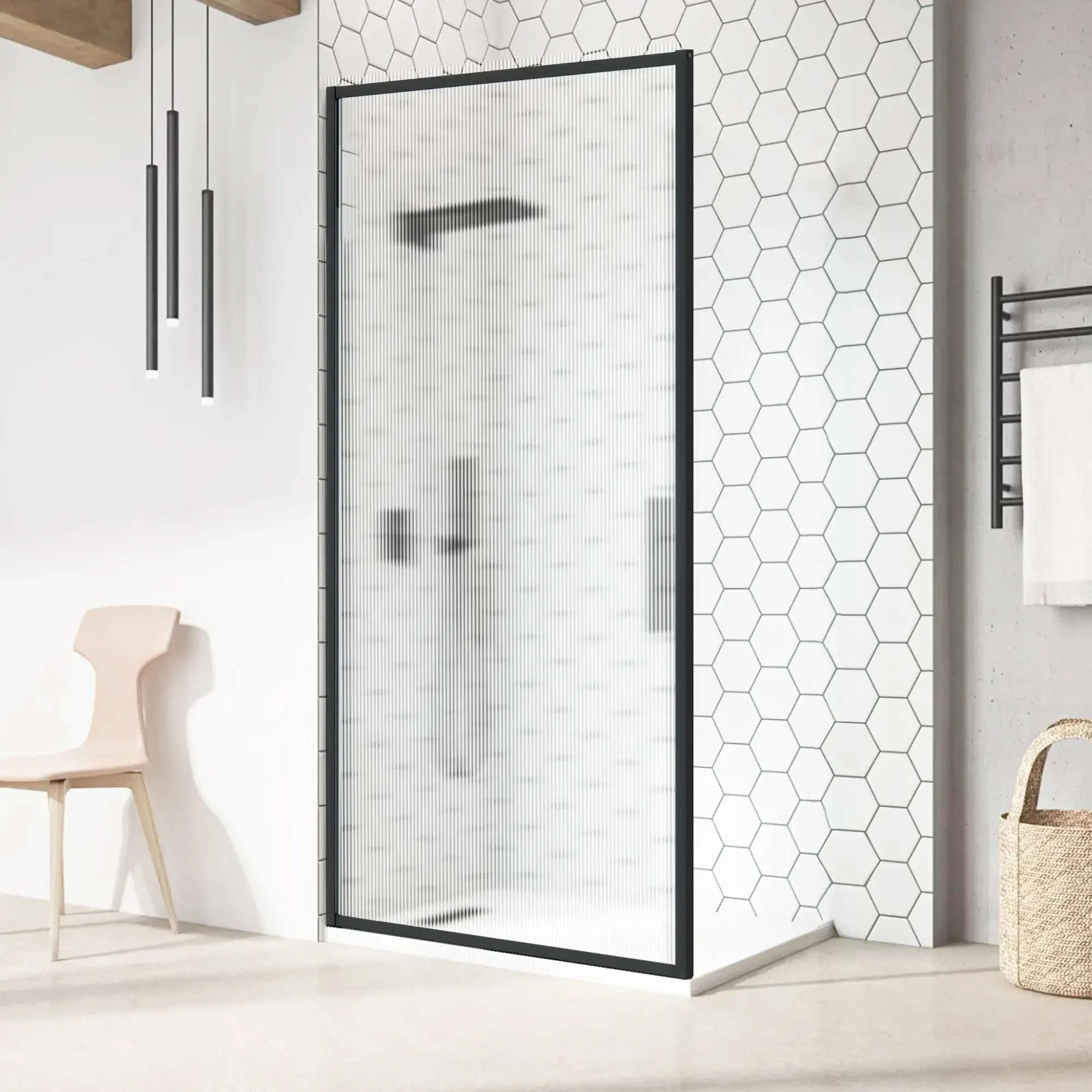 34" W x 74" H Walk-in Framed Fixed Shower Screen with 5/16" (8 mm) Fluted Tempered Glass, Matte Black