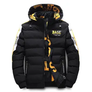Men's Black Streetwear Puffer Jacket with Yellow White Accents, BASE Graphic Hooded Warm Winter Coat