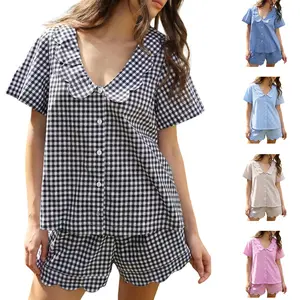 Yimoon Womens Gingham Pajama Set Cotton 2 Piece Scalloped Edge Plaid Shirt Top Shorts Sleepwear Lounge Set