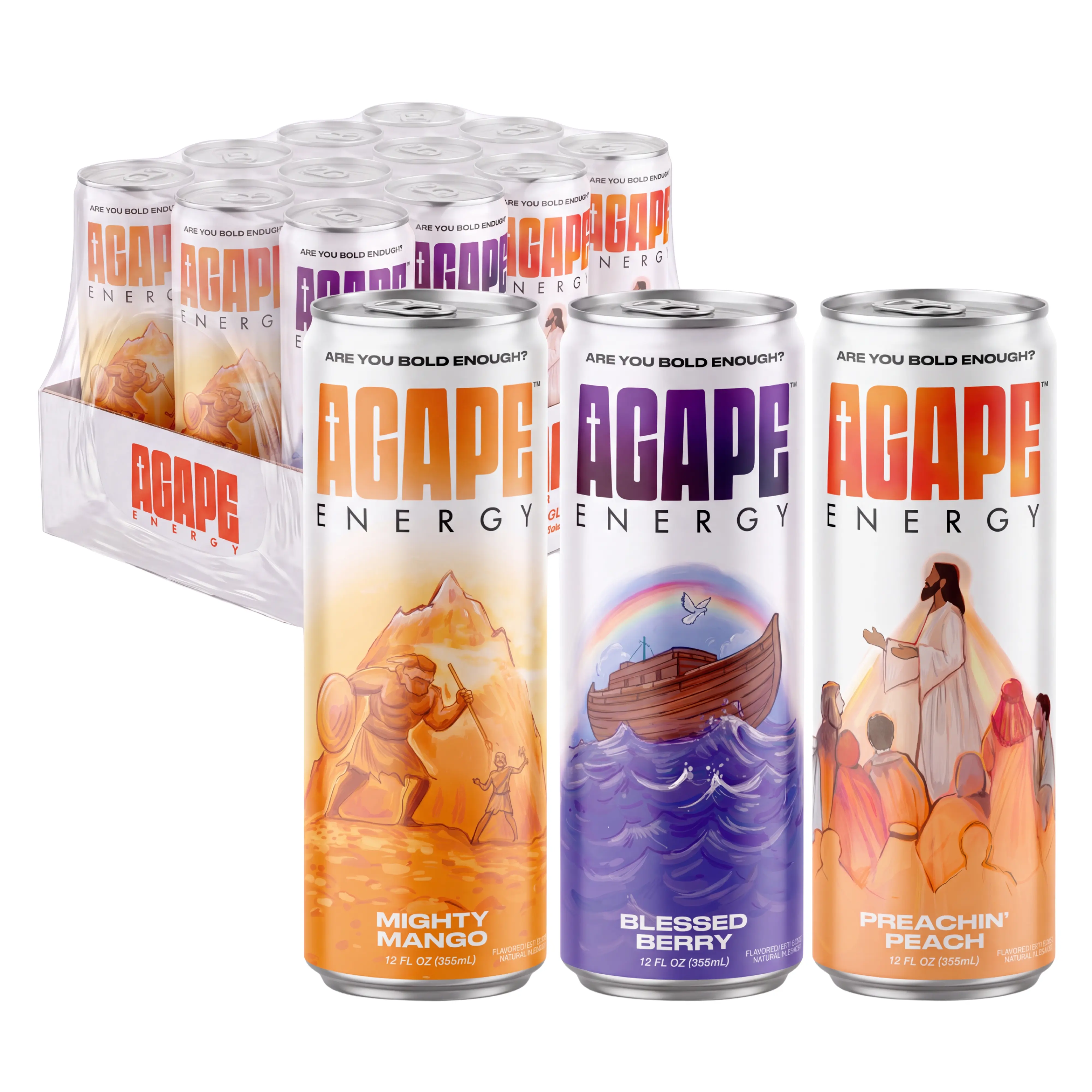 Agape Energy Drink Variety Pack | Honey Sweetened | 12 Pack | 200mg Natural Caffeine | B Vitamins | Clean Energy & Focus | Peach, Berry & Mango