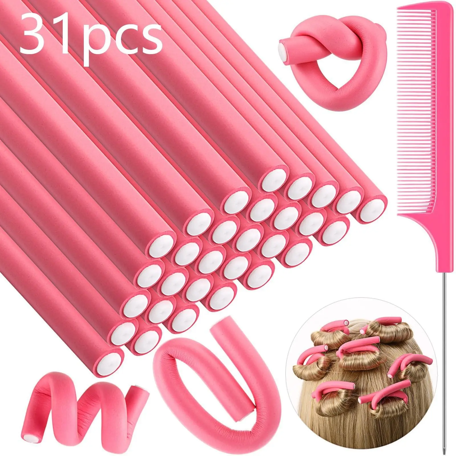 30pcs Flexible Curling Iron Foam Rollers, Soft No-Heat Hair Styling Set, heatless styling kit, Heatless Styling Tools, Includes Steel Tail Comb, Ideal for Long & Short Hair Women, Heatless Hair Curlers