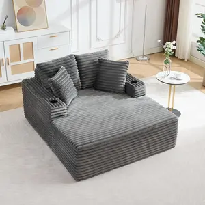 Garvee 64" Oversized Corduroy Upholstered Chaise Lounge Chair with Deep Seat, Boneless Sofa Bed, Throw Pillows, Cup Holders, and Armrests. Comfortable Sleeper Couch for Living Room, Bedroom, or Office in Gray or Beige